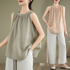 批发实拍2026新款夏季肌理苎麻宽松背心棉麻女装洋气褶皱无袖上衣