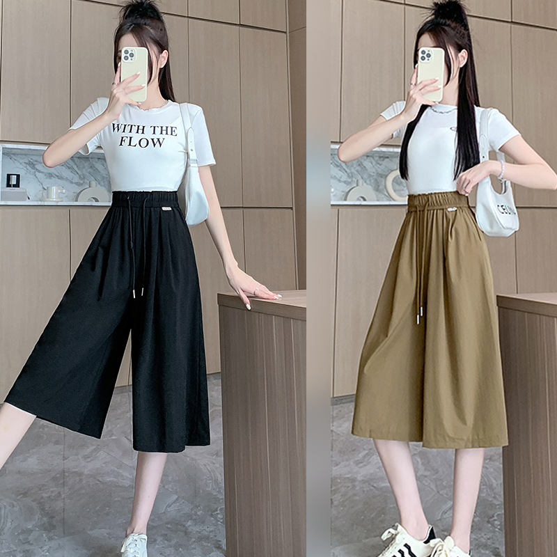 PF17596#松紧腰七分裙裤女夏高腰宽松a字裤裙夏天薄款防晒冰丝阔腿裤女裝貨源服裝批發