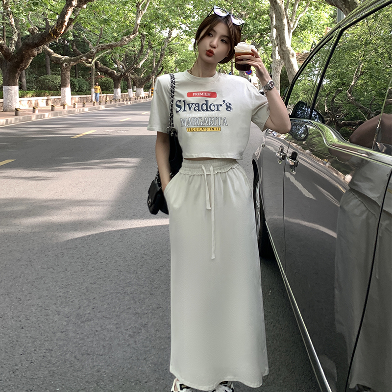 LN43027# 夏季韩系气质慵懒风字母印花短款上衣高腰半身裙两件套女 服裝批發女裝批發服飾貨源
