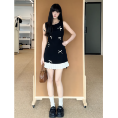 批发法式赫本风小黑裙女夏季收腰显瘦纯欲风甜美撞色拼接蝴蝶结连衣裙