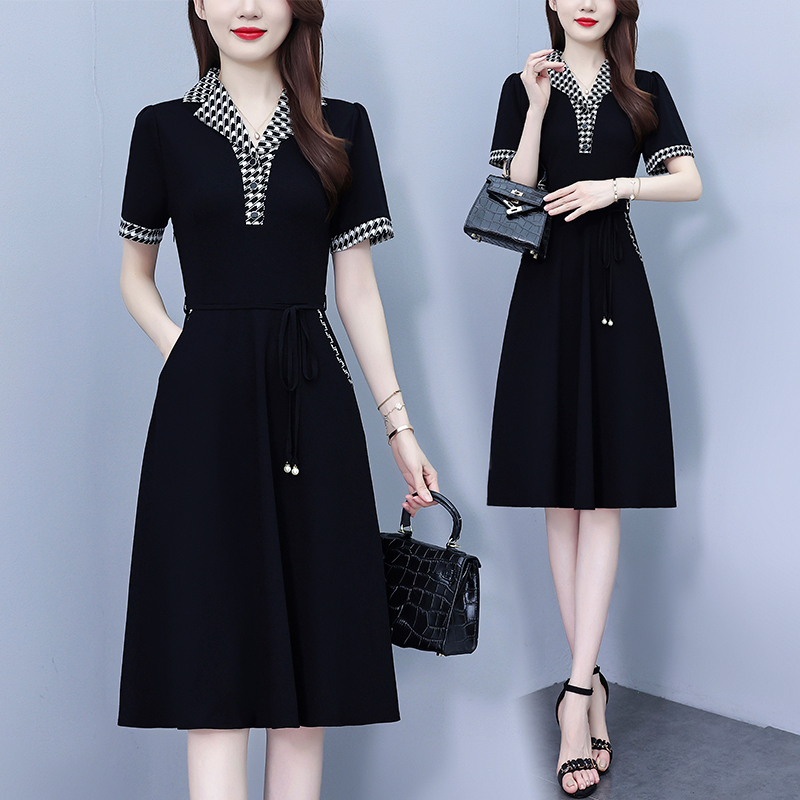 PF15333# 黑色气质连衣裙女2024夏季新款中年妈妈装时尚高端收腰显...