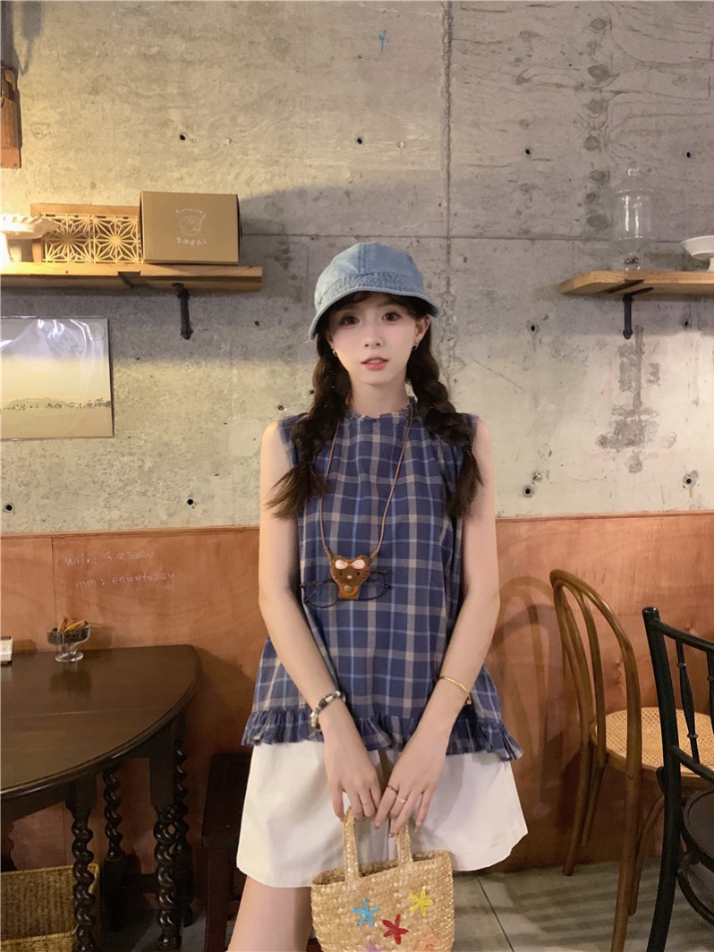 실사 정가 레트로 루즈핏 레이스 다용도 조끼 맨위 체크무늬 민소매 셔츠 반바지