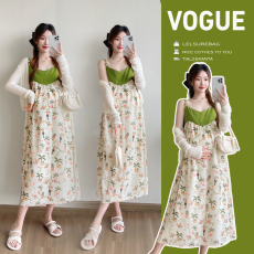 批发新品  清凉夏季宽松型植物花卉甜美吊带孕妇连衣裙+防晒披肩