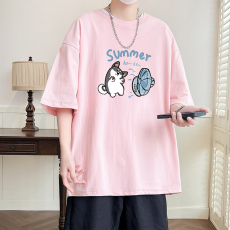 批发高品质100纯棉男女情侣短袖T恤32支240g精梳棉精密赛洛落肩款