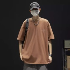 批发高品质100纯棉男女情侣短袖T恤32支240g精梳棉精密赛洛落肩款