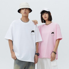 批发高品质100纯棉男女情侣短袖T恤32支240g精梳棉精密赛洛落肩款