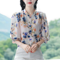 批发实拍雪纺<b class='q'>衬衫</b>女<b class='q'>衬衣</b>2026春夏季新款七分袖桑蚕丝上衣高档洋气小衫