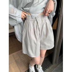 批发水洗100%棉 夏季阔腿<b class='q'>短裤</b>女松紧<b class='q'>高腰</b>一粒扣休闲五分中裤