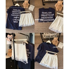 批发实拍~韩系后背字母印花藏蓝色百搭短袖T恤+蕾丝拼接纯欲半身裙