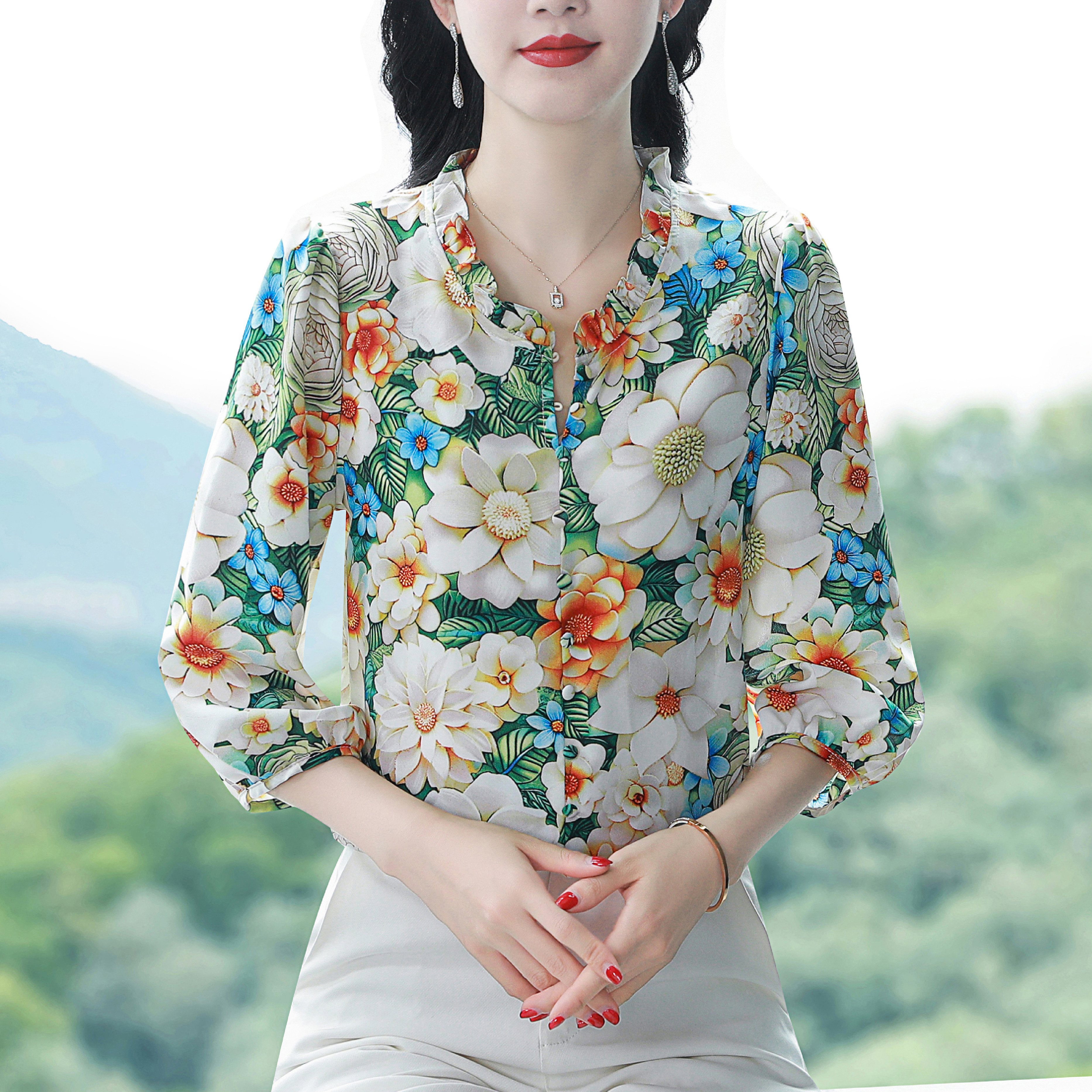 실사 쉬폰 셔츠 새로운 레트로 홍콩 느낌 품격 뽕나무 누에 실크 맨위 여성 다용도 작은 셔츠 루즈핏 표지 배