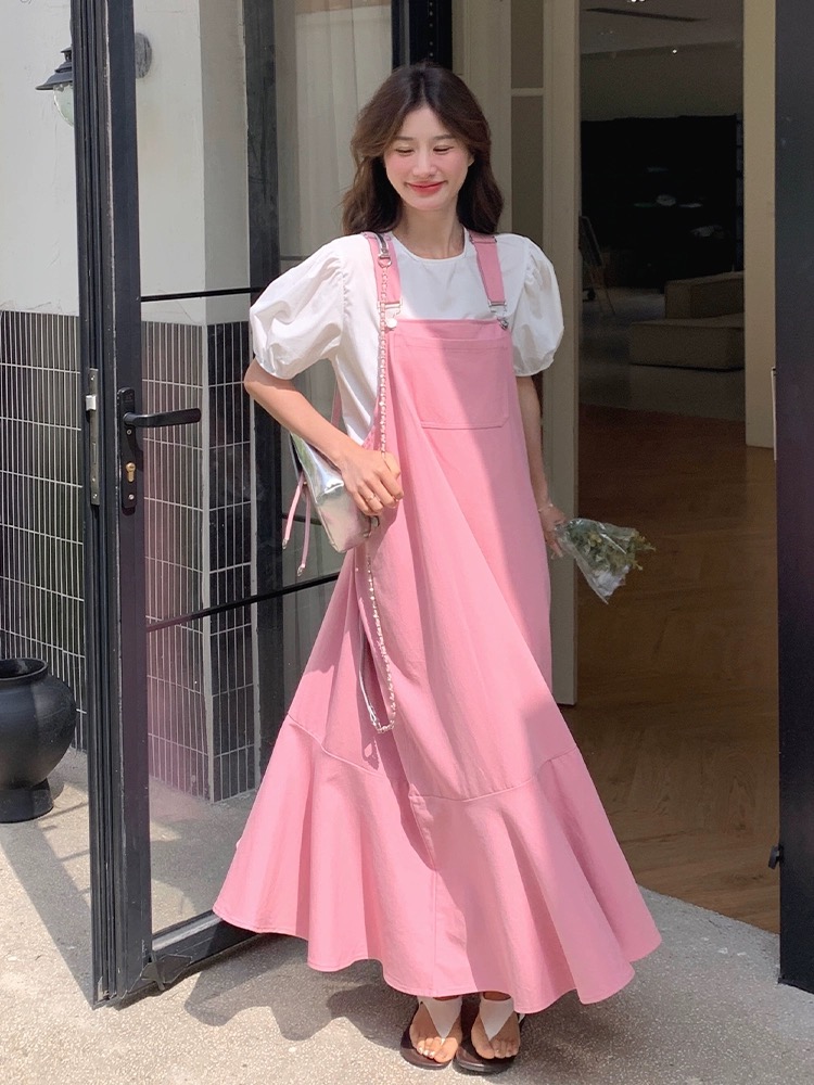 LN42896# 粉色背带连衣裙套装女夏季穿搭一整套韩系甜美减龄洋气时尚两件套 服裝批發女裝批發服飾貨源