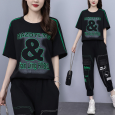 批发实拍 夏季<b class='q'>时尚</b>套装 潮流拼接牛仔短袖印花宽松显瘦韩版大码女装