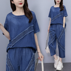 批发实拍 夏季新款套<b class='q'>装</b>女 宽松薄牛仔洗水棉拼接圆领两件套大码女<b class='q'>装</b>