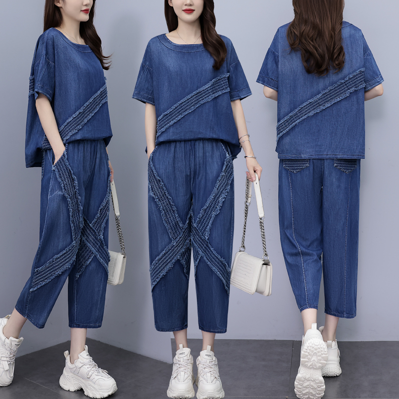 MY4502# 夏季新款套装女 宽松薄牛仔洗水棉拼接圆领两件套大码女装女裝貨源服裝批發