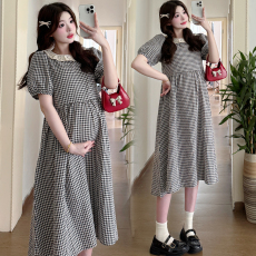 批发已出货 实拍2026新品宽松拼接简约短袖孕妇夏装格子孕妇连衣裙637
