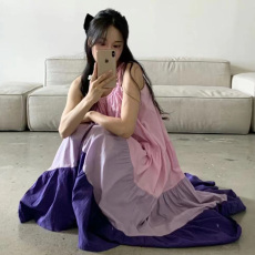 批发尺寸已更新 Chic气质温柔度假风拼接色宽松度假<b class='q'>裙</b>吊带连衣<b class='q'>裙</b>