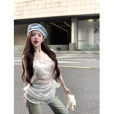 批发实拍 重工艺小众设计感褶皱收腰微透视<b class='q'>双层</b>裙摆亮片方领<b class='q'>背心</b>上衣
