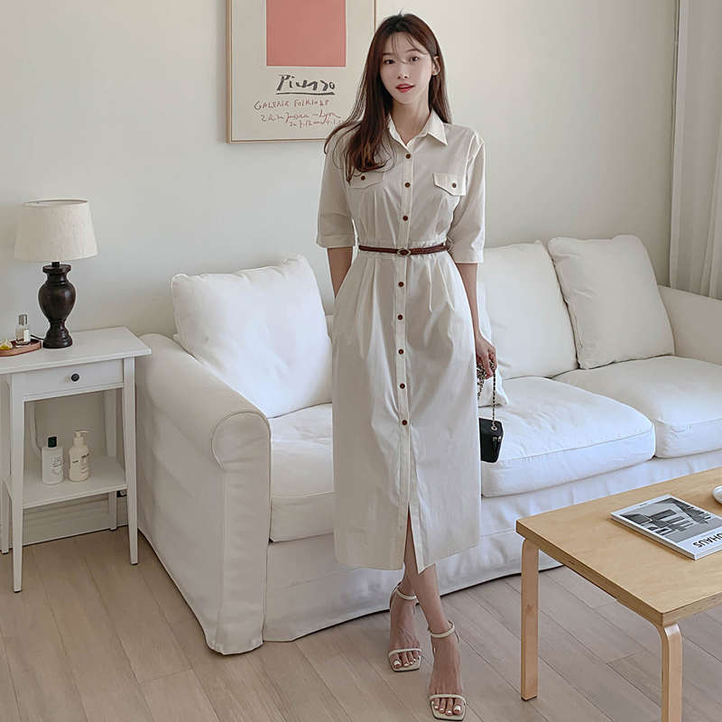 LN42913# 韩国chic气质复古系带单排扣连衣裙配腰带 服裝批發女裝批發服飾貨源