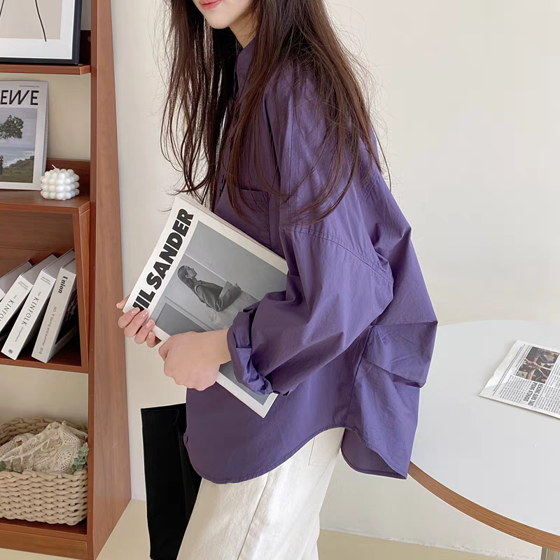 가을 의상 새로운 빅 사이즈 여성 의류 한국 스타일 보라색 셔츠 고치형 주름 밑단 긴팔 맨위
