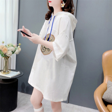 官图纯棉夏季2024双绳设计笑脸印花宽松短袖连帽T恤女