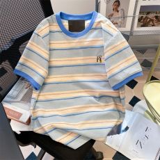 批发云彩棉 大码欧货拼色条纹小狗刺绣<b class='q'>短袖</b>t恤男女学院风<b class='q'>情侣</b><b class='q'>休闲</b>上衣