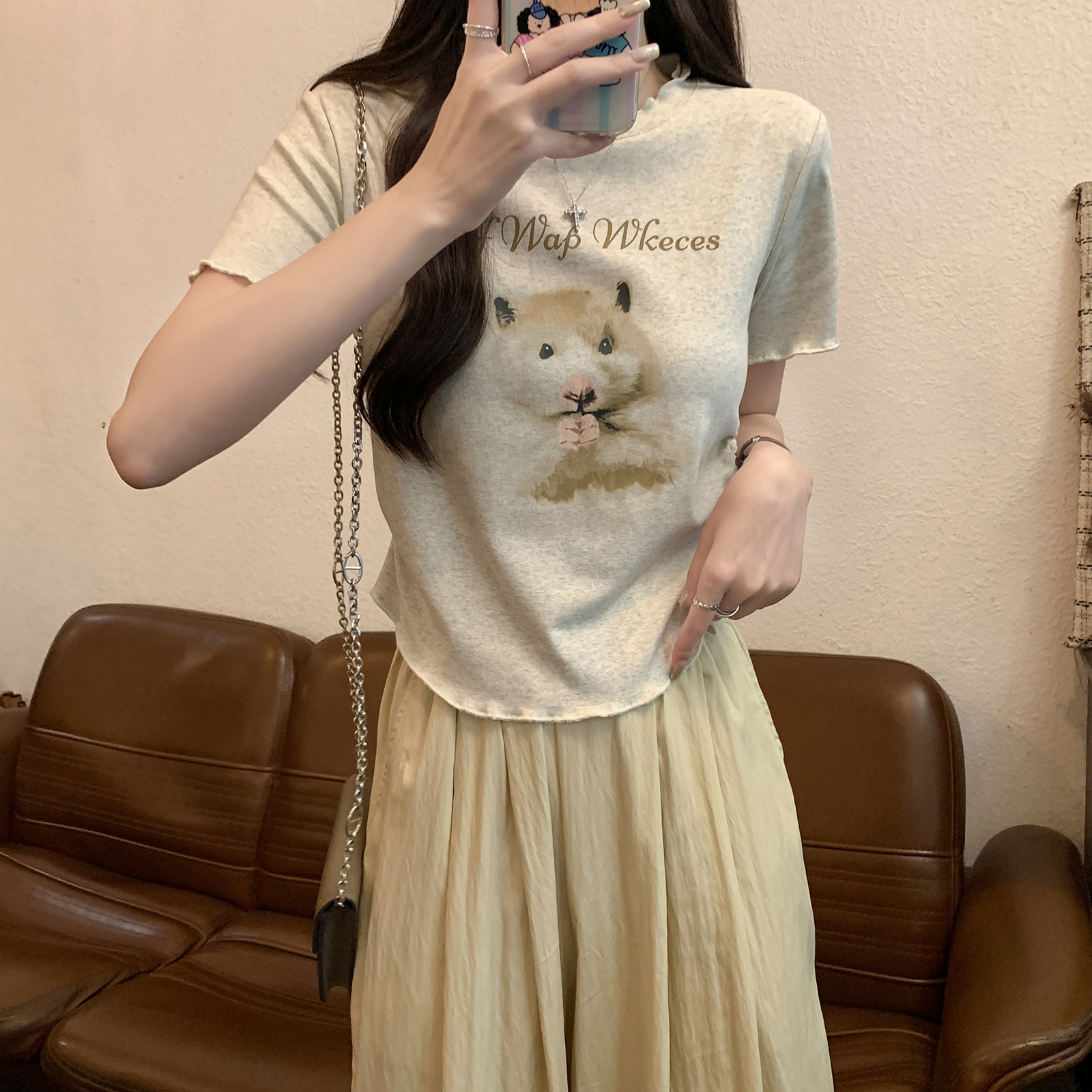 MY2174# 短袖t恤夏2025潮正肩修身短款印花圆领上衣女装女裝貨源服裝批發