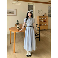 批发实拍原版品质<b class='q'>大码</b>女装韩系气质收腰显瘦条纹短袖衬衫<b class='q'>连衣裙</b>