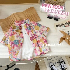 批发碎花<b class='q'>衬衫</b>男女童度假风<b class='q'>短袖</b>夏季童装2024新款韩版印花短款上衣外套