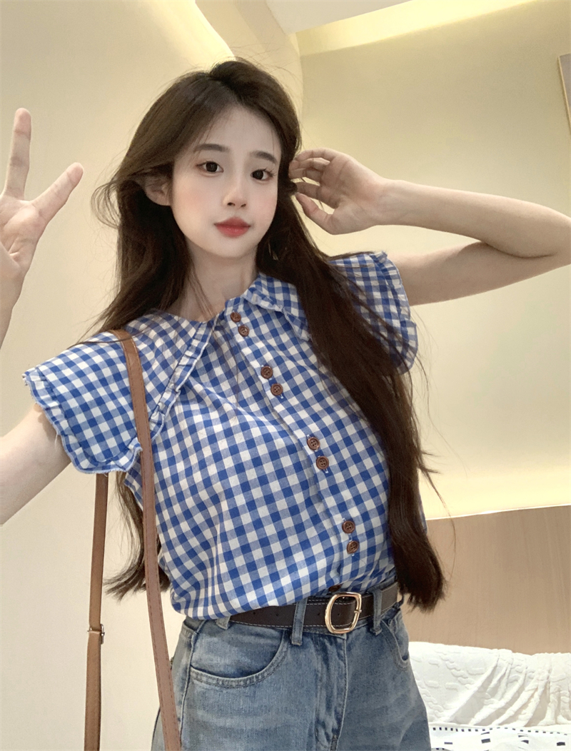실사 빅 사이즈 베이비 칼라 파란색 체크무늬 프랑스식 작은 날다 소매 셔츠 디자인 센스 맨위