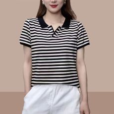 批发纯棉新款polo领条纹短袖t恤夏季V领上衣女2026爆款上衣<b class='q'>女装</b>体恤衫