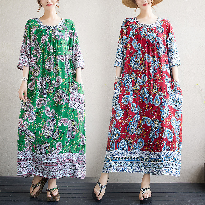MY8199# 夏季新品复古人棉大码印花胖MM女宽松民族风连衣裙袍子女裝貨...