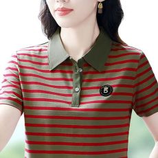 批发条纹t恤女纯棉短袖上衣2025新款洋气中年妈妈夏装宽松休闲polo衫