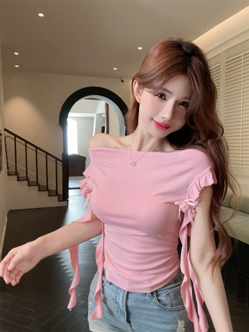 PF16470# 短袖T恤一字肩荷叶边飘带立体花上衣女裝貨源服裝批發