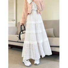 批发实拍实价~2026春季新款韩版白色立体钩花镂空拼接宽松高腰<b class='q'>半身裙</b>
