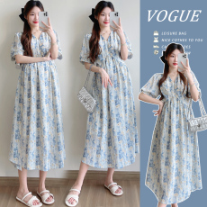 批发实拍 孕妇夏装印花连衣裙夏天宽松V领短袖大码连衣裙