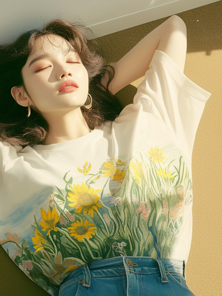 디자인 센스 고유 한 슈퍼 잘 생긴 Chic 아름다운 작은 맨위 초여름 새로운 유화 바람 화이트 프린트 티셔츠 여성 여름