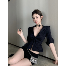 批发实拍实价 性感海妖风弹力修身收腰衬衫女打底开衩显胸显瘦上衣