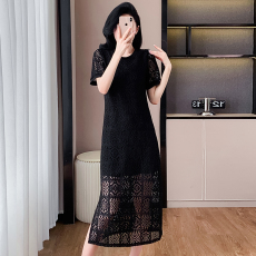 批发实拍镂空<b class='q'>连衣裙</b>中长款开叉大码裙子女黑白两色