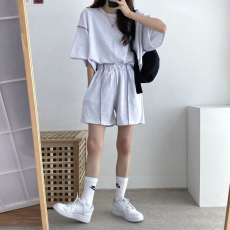 批发复古袖短裤两件套大码纯色夏季时尚休闲运动服套装宽松
