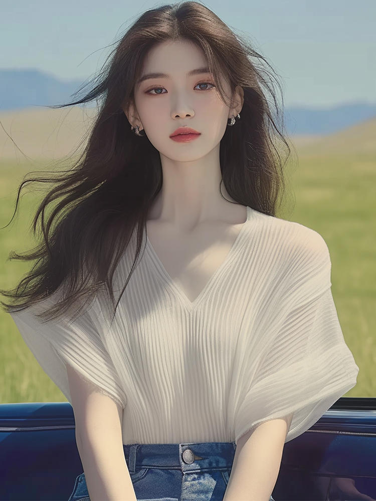 올해 인기 폭발 요정 가스 화이트 얼음 실크 반팔 티셔츠 작은 키 부드러운 연령 감소 외국 가스 고유 한 V넥 맨위