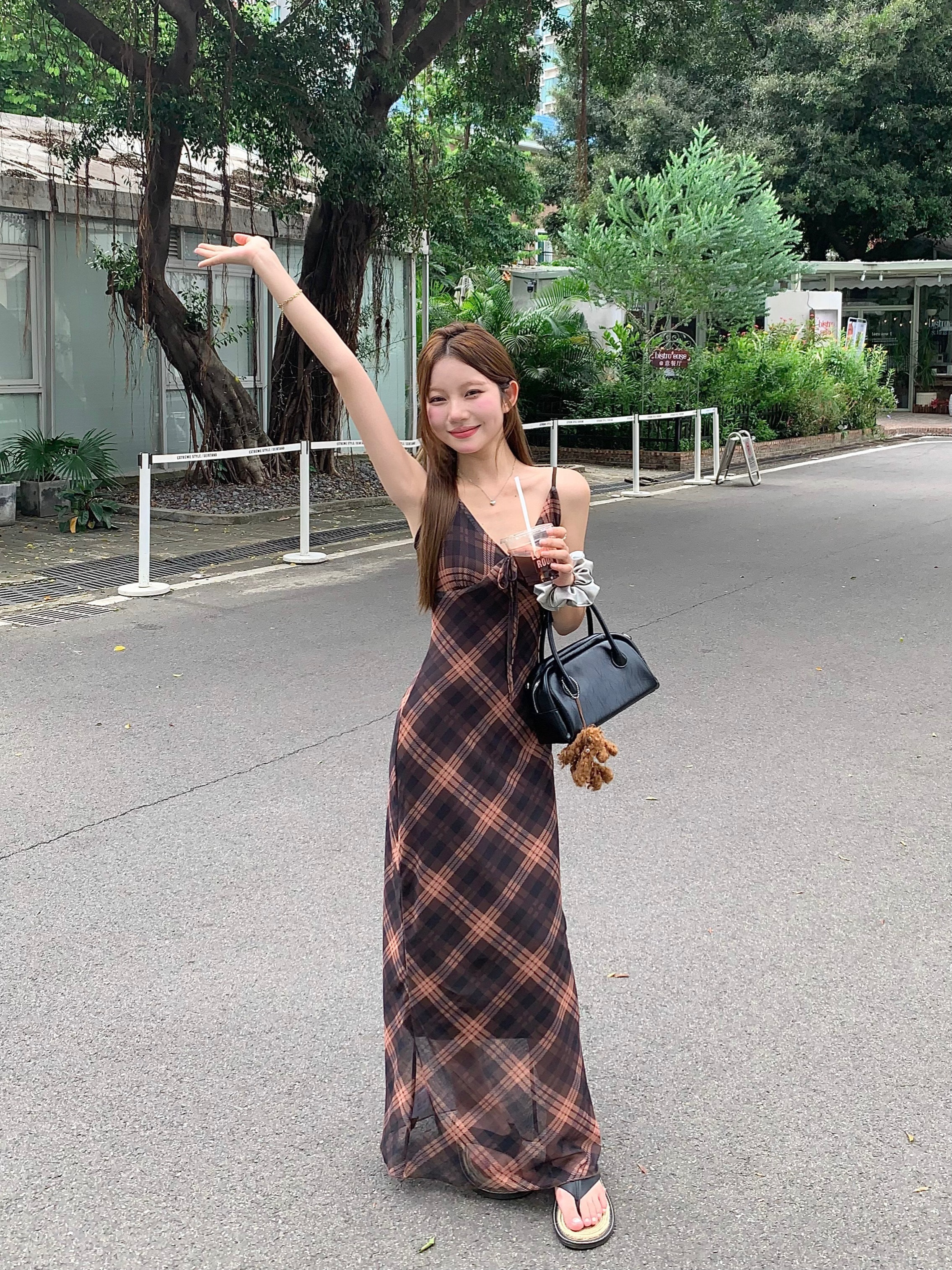 정가 실사 레트로 체크무늬 슬립 드레스 디자인 센스 망사 드레스 여름 핫걸 허리 수축 A라인 스커트 롱 스커트