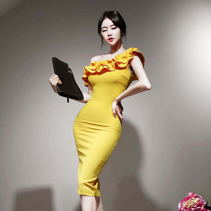 LN43420# 韩版夏装新款性感斜肩木耳边连衣裙女包臀中裙 服裝批發女裝批發服飾貨源