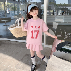 批发230克纯棉双纱<b class='q'>女</b><b class='q'>童</b><b class='q'>夏季</b><b class='q'>短袖</b><b class='q'>套装</b>2026新款休闲中<b class='q'>大</b><b class='q'>童</b>多巴胺两件套