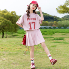 批发230克纯棉双纱<b class='q'>女</b><b class='q'>童</b><b class='q'>夏季</b><b class='q'>短袖</b><b class='q'>套装</b>2026新款休闲中<b class='q'>大</b><b class='q'>童</b>多巴胺两件套