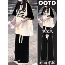 批发230克纯棉双纱<b class='q'>女</b><b class='q'>童</b><b class='q'>夏季</b><b class='q'>短袖</b><b class='q'>套装</b>2026新款休闲中<b class='q'>大</b><b class='q'>童</b>多巴胺两件套