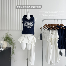 批发韩好甜 WARDEN EDGE 热血街区藏青色无袖上衣女夏短款宽松连帽<b class='q'>T</b>恤