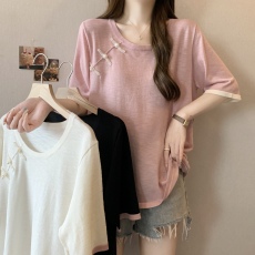 批发实拍~大码女装设计感盘扣针织衫女薄款上衣胖mm宽松短袖t恤