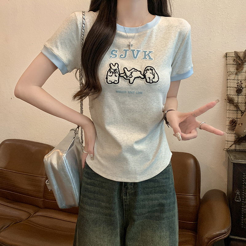 MY2488# 短袖t恤夏潮刺绣正肩修身短款圆领上衣女装女裝貨源服裝批發
