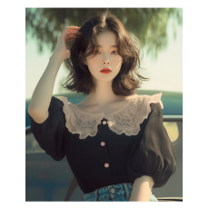 批发夏季小众法式独特别致绝美泡泡袖<b class='q'>雪纺上衣</b>减龄洋气黑色<b class='q'>娃娃领</b>衬衫