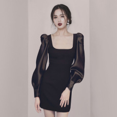 批发赫本风小黑裙礼服<b class='q'>泰国</b>气质女王年会法式复古修身显瘦泡泡袖连衣裙